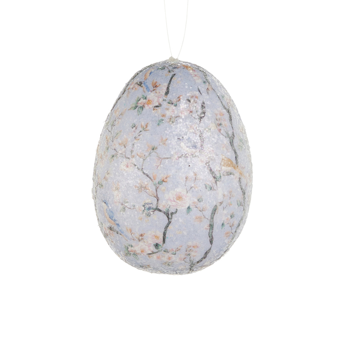 4.5-inch sugared egg ornament made of white styrofoam with a colorful patterned design.