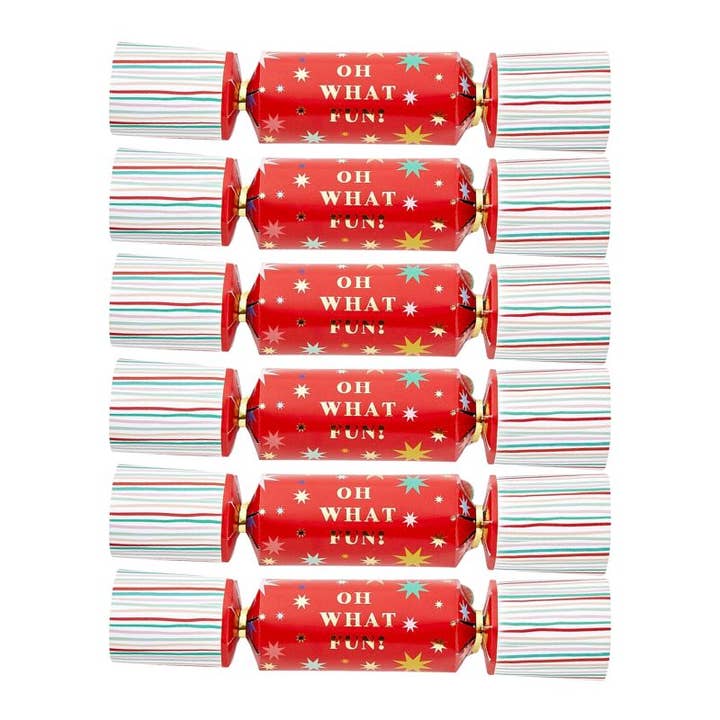 Six red mini Christmas crackers with 'OH WHAT FUN!' text and star patterns.