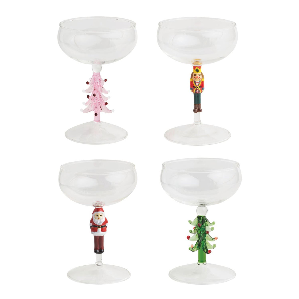 Christmas Coup glasses with festive red and green holiday patterns on clear glass.
