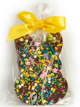 Easter Bunny Chocolate Bark with milk chocolate base, pastel candies, and bunny sprinkles.