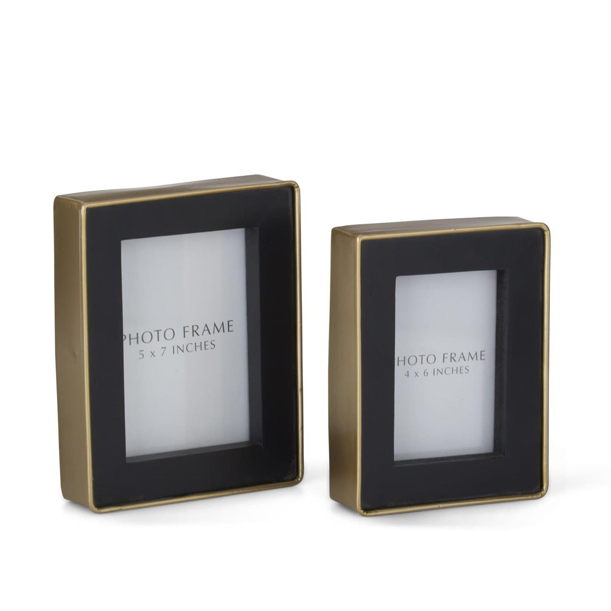Modern gold and black metal photo frame with glass front.