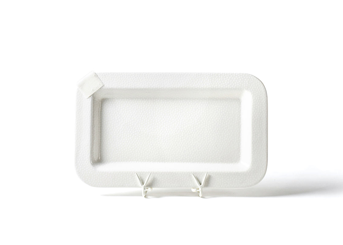 White Small Dot Mini Entertaining Rectangle Platter with textured surface and attachment tab.