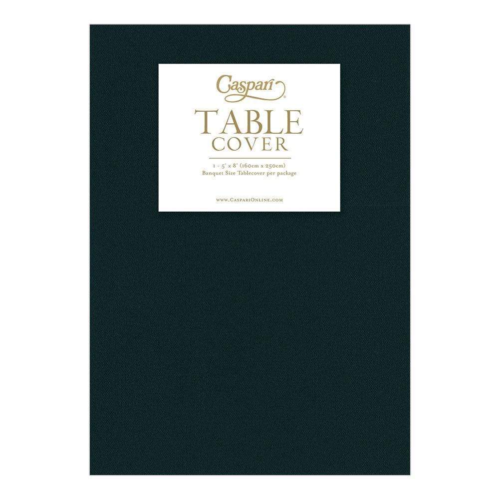 Dark green Paper Linen Solid Table Cover in packaging, 5' x 8' banquet size.