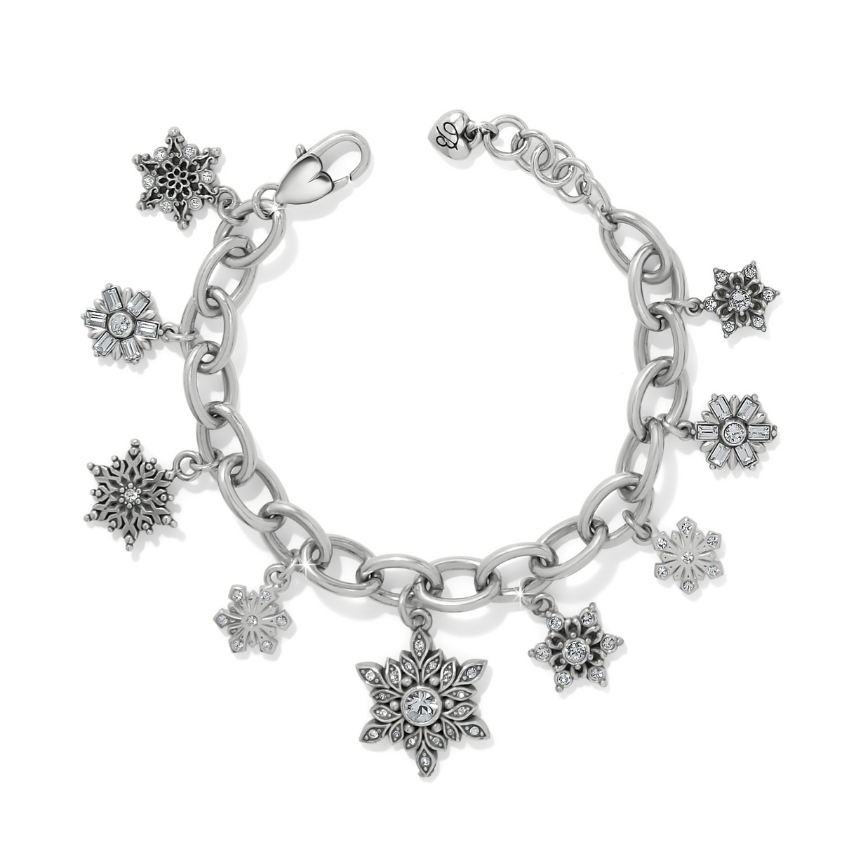 Silver-plated chunky chain bracelet with nine unique crystal-accented snowflake charms.