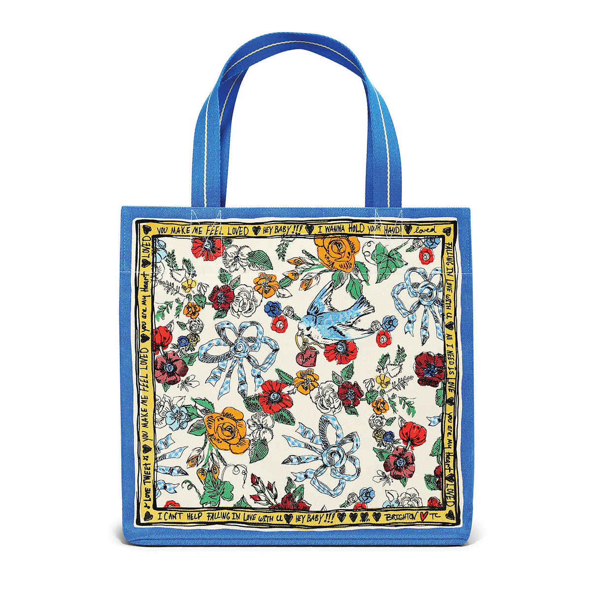 Canvas tote bag with a heart-shaped cutout handle detail.