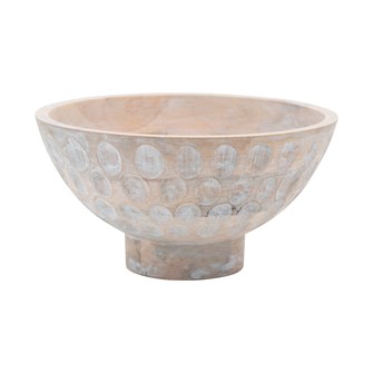 Mango Wood Footed Bowl with Carved Circles, Whitewashed