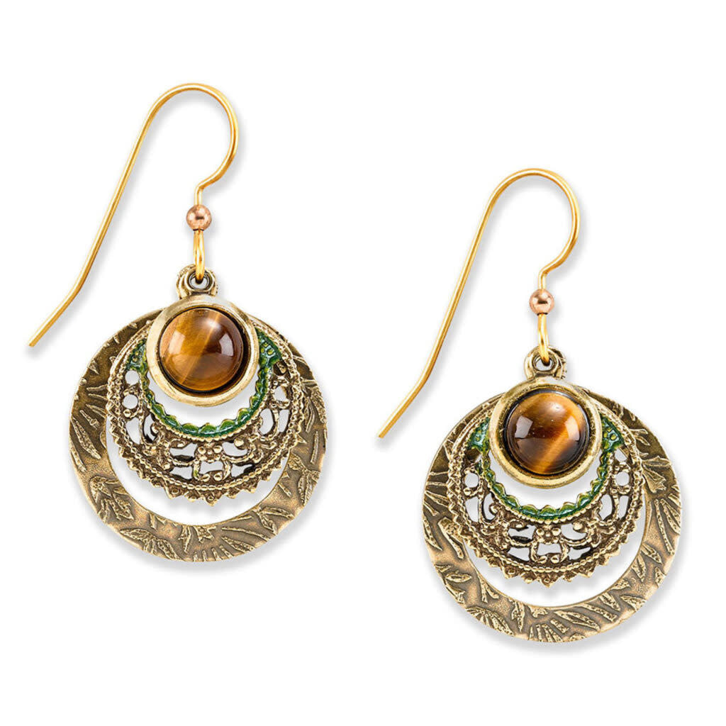 Tiger Eye on Circles Earrings featuring earthy brown stones in circular silver-toned settings with ear wires.