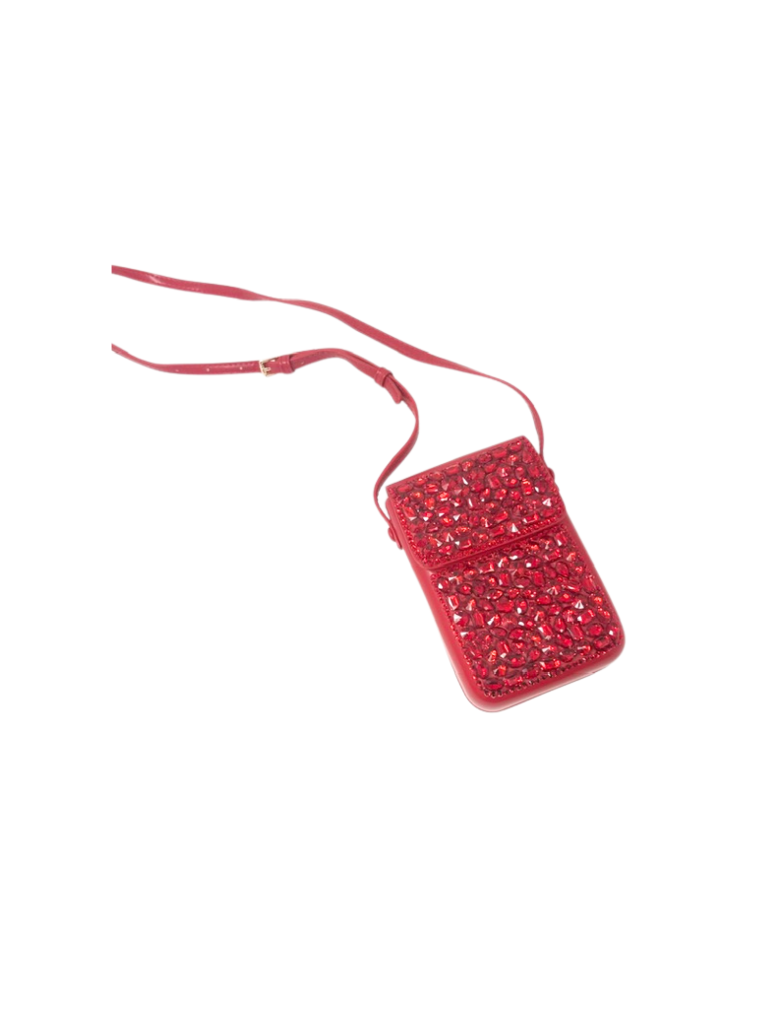 Red crossbody bag adorned with rhinestones and a thin strap.