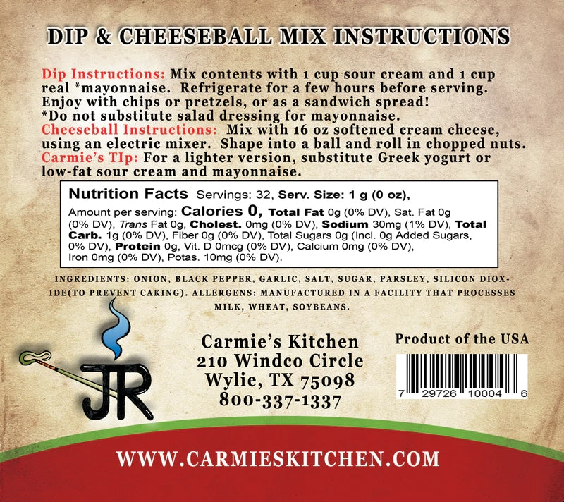 Back label for JR's Ranch Dip mix with preparation instructions, nutrition facts, and ingredients.