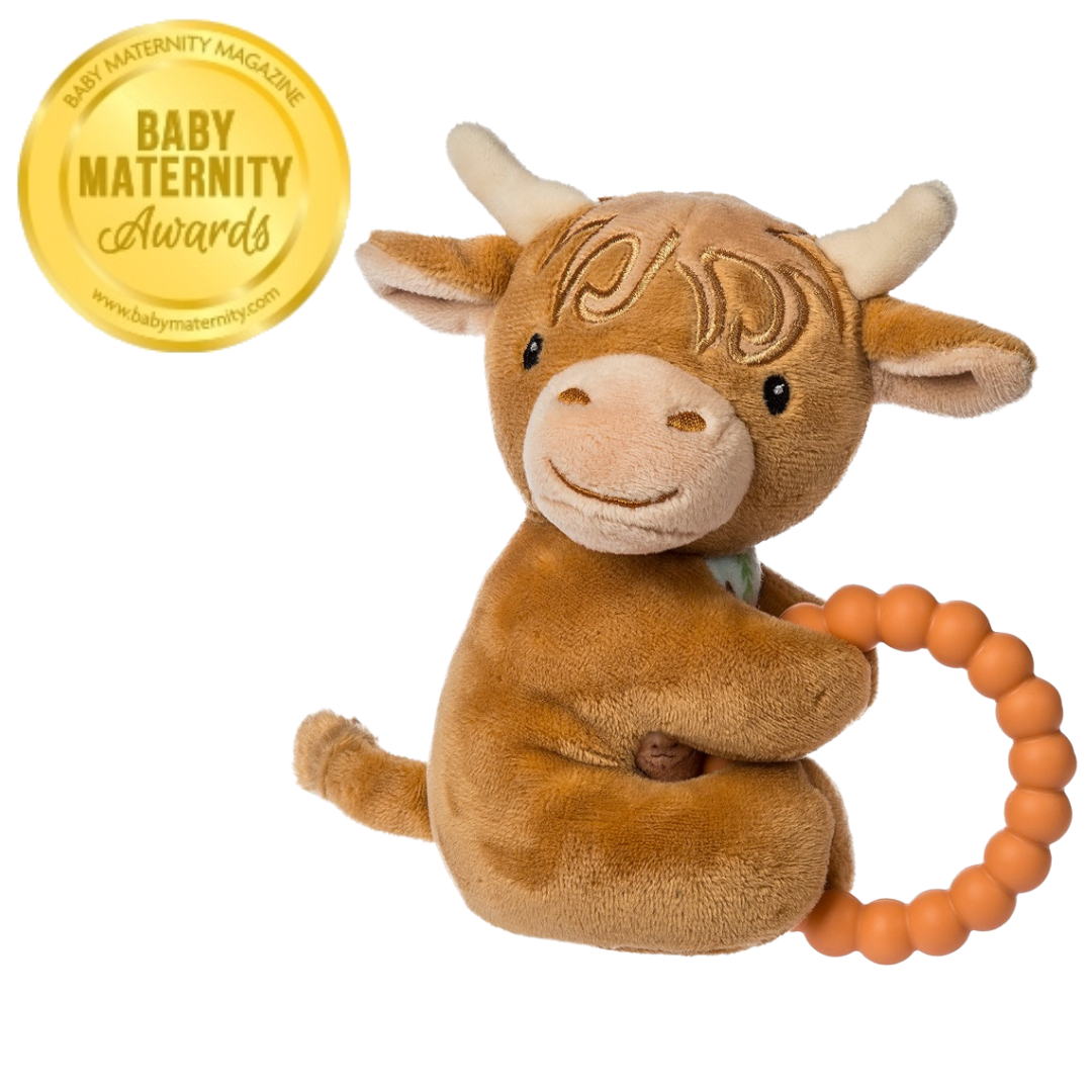 Mary Meyer plush highland cow teether rattle with an orange silicone ring and award seal.