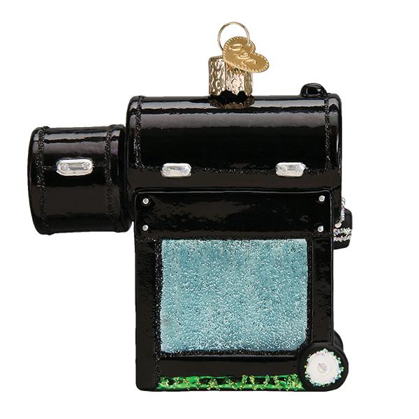Hand-painted glass smoker BBQ Christmas ornament with black finish, glitter accents, and gold charm.