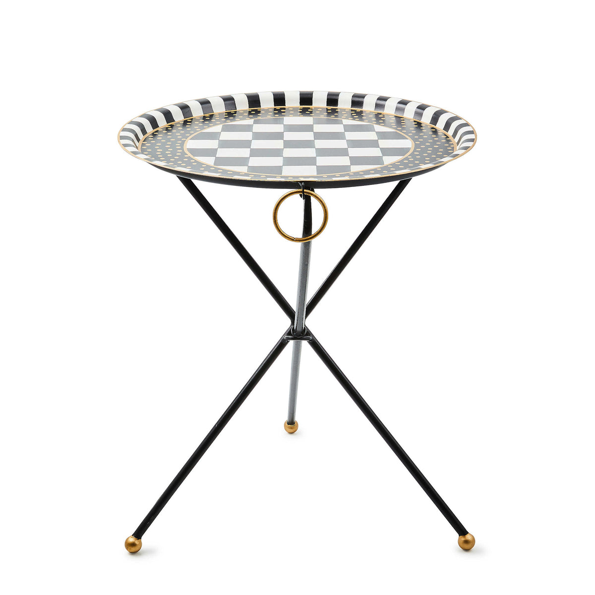 Black collapsible iron tripod table with hand-painted checkered pattern on tilt top.