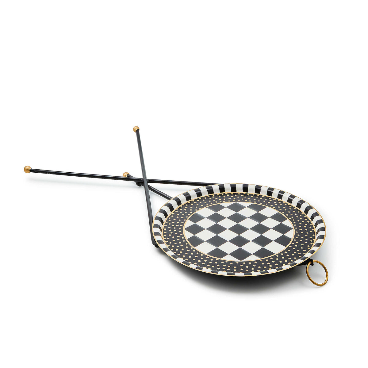 Black collapsible iron tripod table with hand-painted checkered pattern on tilt top