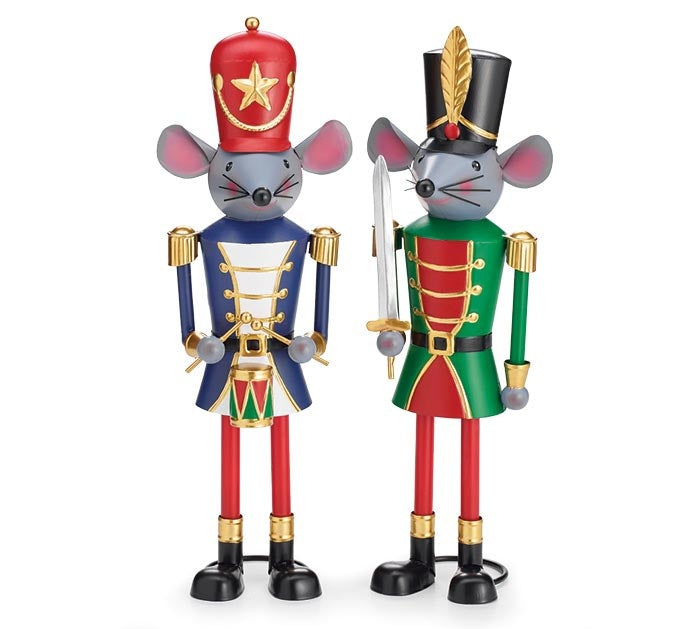 Hand-painted tin mouse king figurine with royal attire standing on a decorative base.