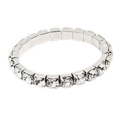 Silver tone stretch bracelet featuring round rhinestones with a circular shape.