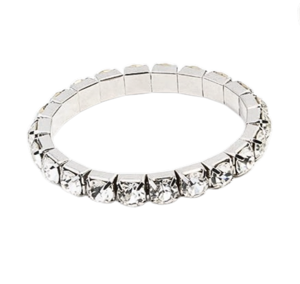 Silver tone stretch bracelet featuring a single row of round clear rhinestones.