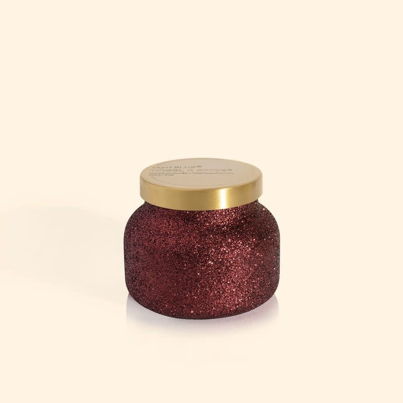 Maroon glitter petite jar candle with tinsel spice scent notes