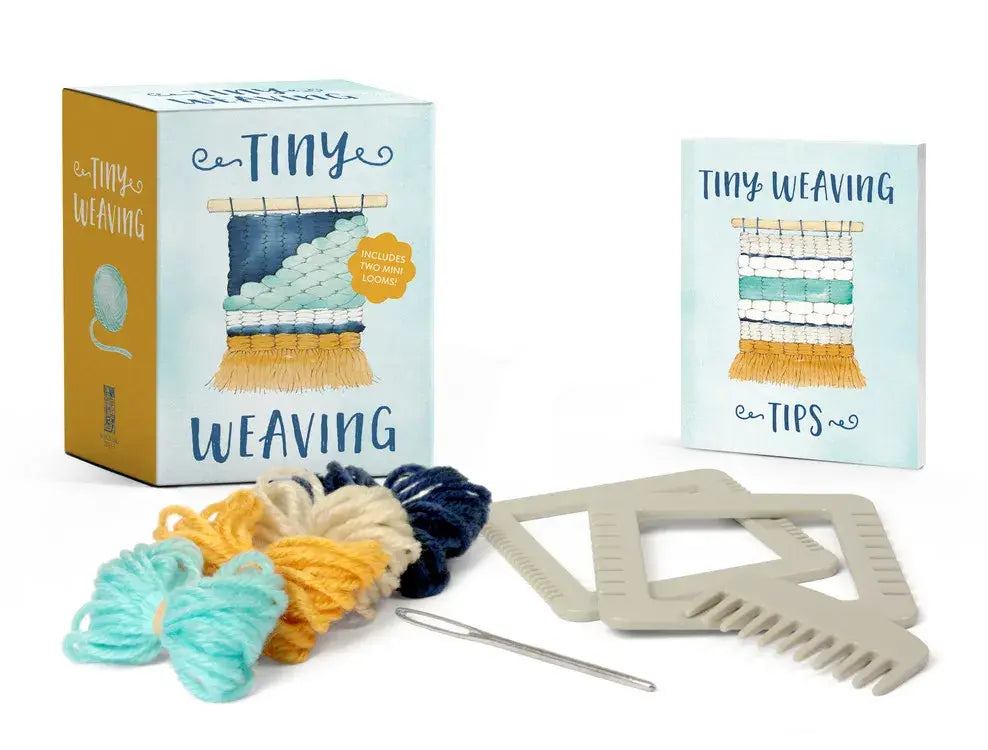 Tiny Weaving kit featuring two miniature wooden looms with assorted colorful threads and a woven sample.