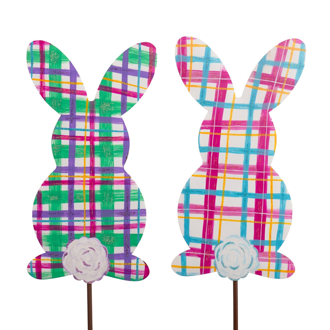 Plaid Bunnies decorative stake featuring a black bunny silhouette with red plaid pattern on white background