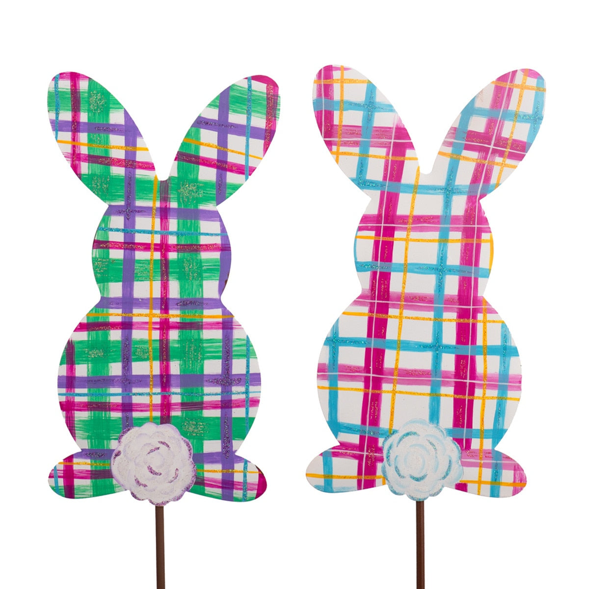 Plaid Bunnies decorative stake featuring a black bunny silhouette with red plaid pattern on white background
