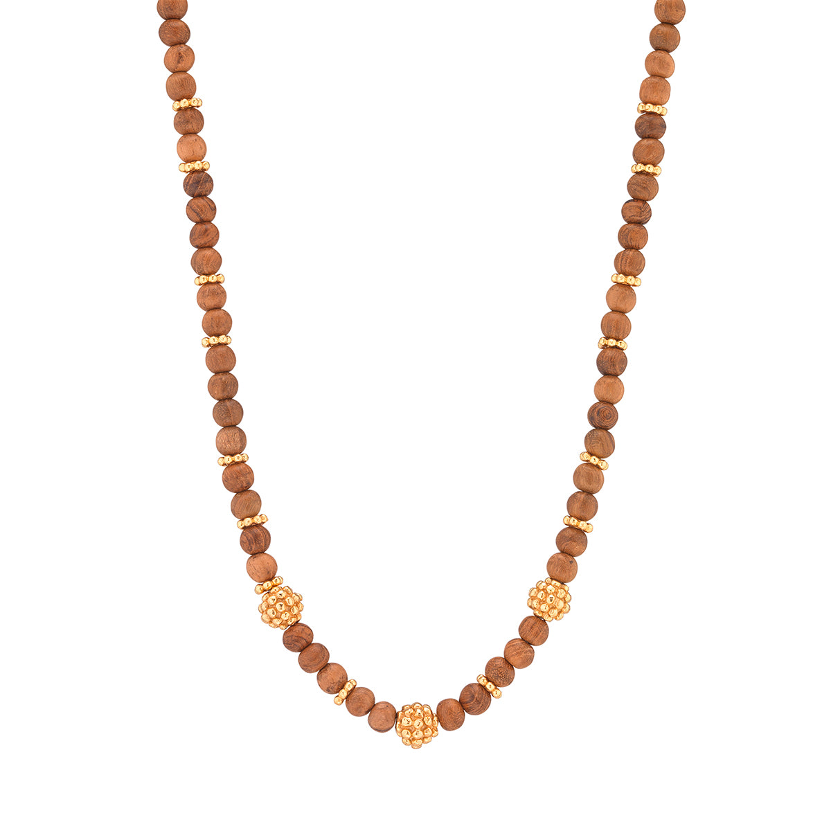 Single strand necklace with smooth brown wooden beads and textured gold berry-shaped accents.