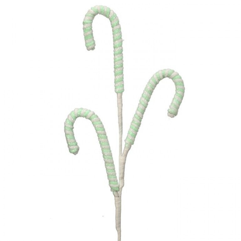 27.5-inch frosted pastel green and white striped candy cane decorative spray for Christmas trees.