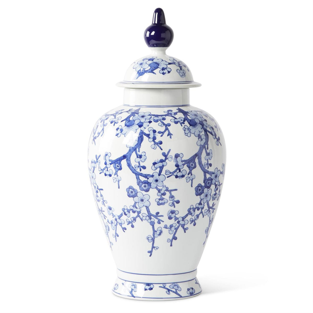 Ceramic blue and white chinoiserie lidded ginger jar with floral pattern
