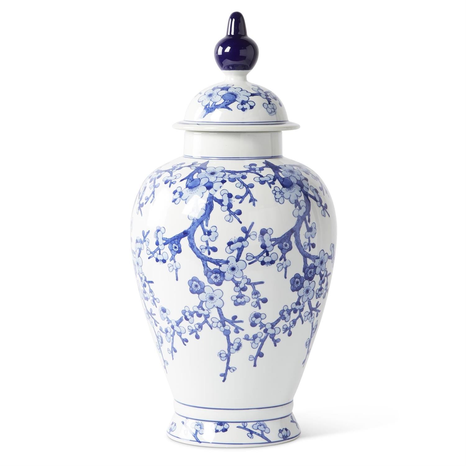 Ceramic blue and white chinoiserie lidded ginger jar with floral pattern