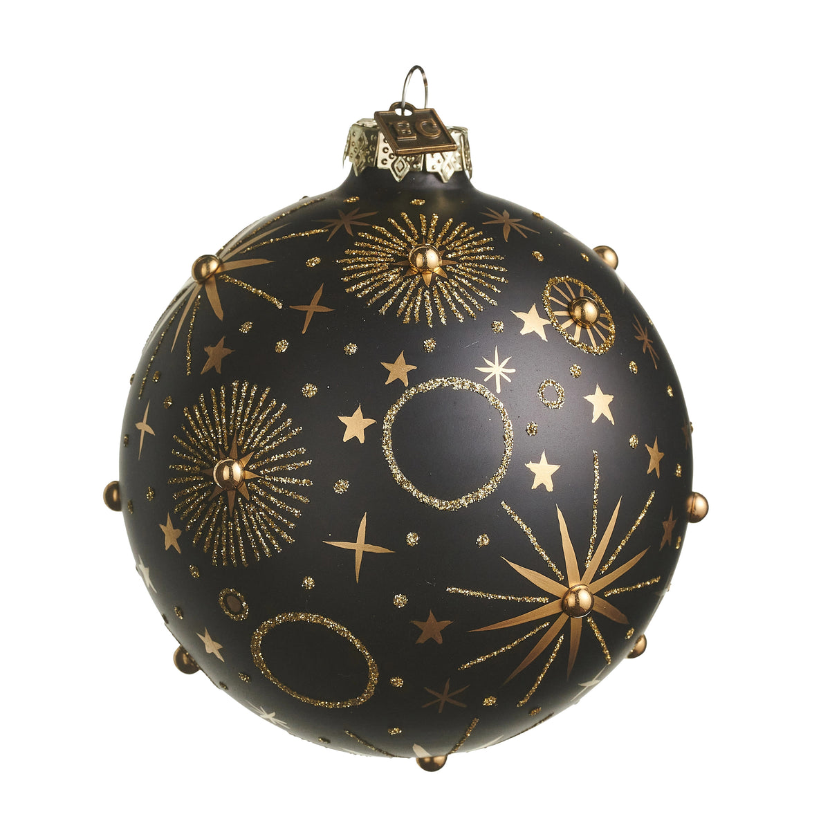 EC 4" Stardust Ball Ornament in matte black with gold glitter stars, circles, and sunburst designs.