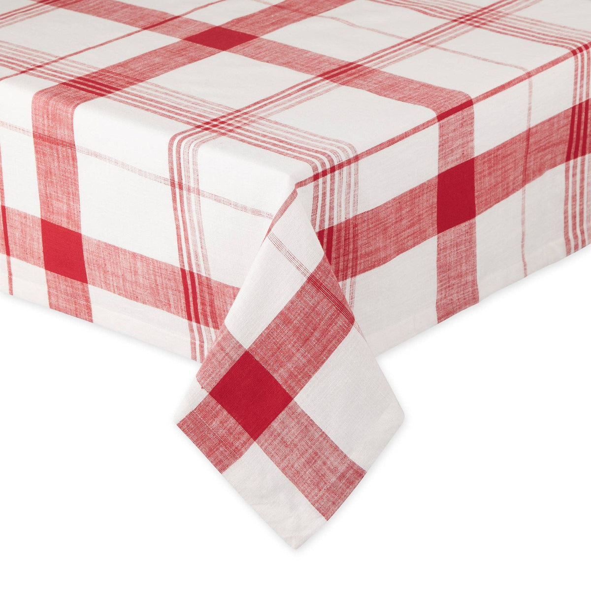 Square plaid tablecloth with a festive holiday pattern in red, green, and white.