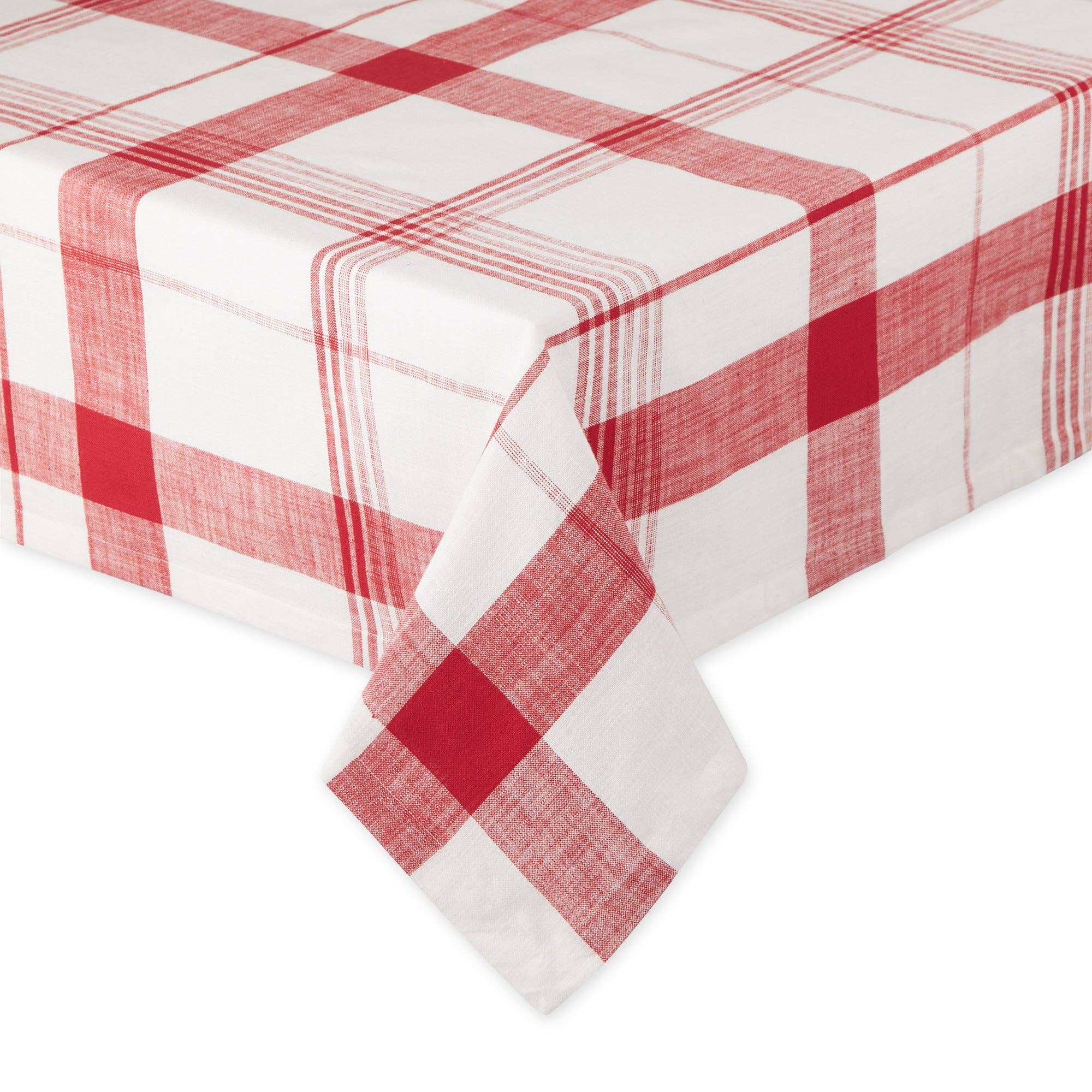 Square plaid tablecloth with a festive holiday pattern in red, green, and white.