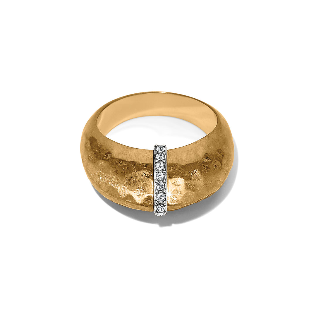 Gold plated Meridian Geo Domed Ring with a hammered texture and a vertical row of clear crystals.