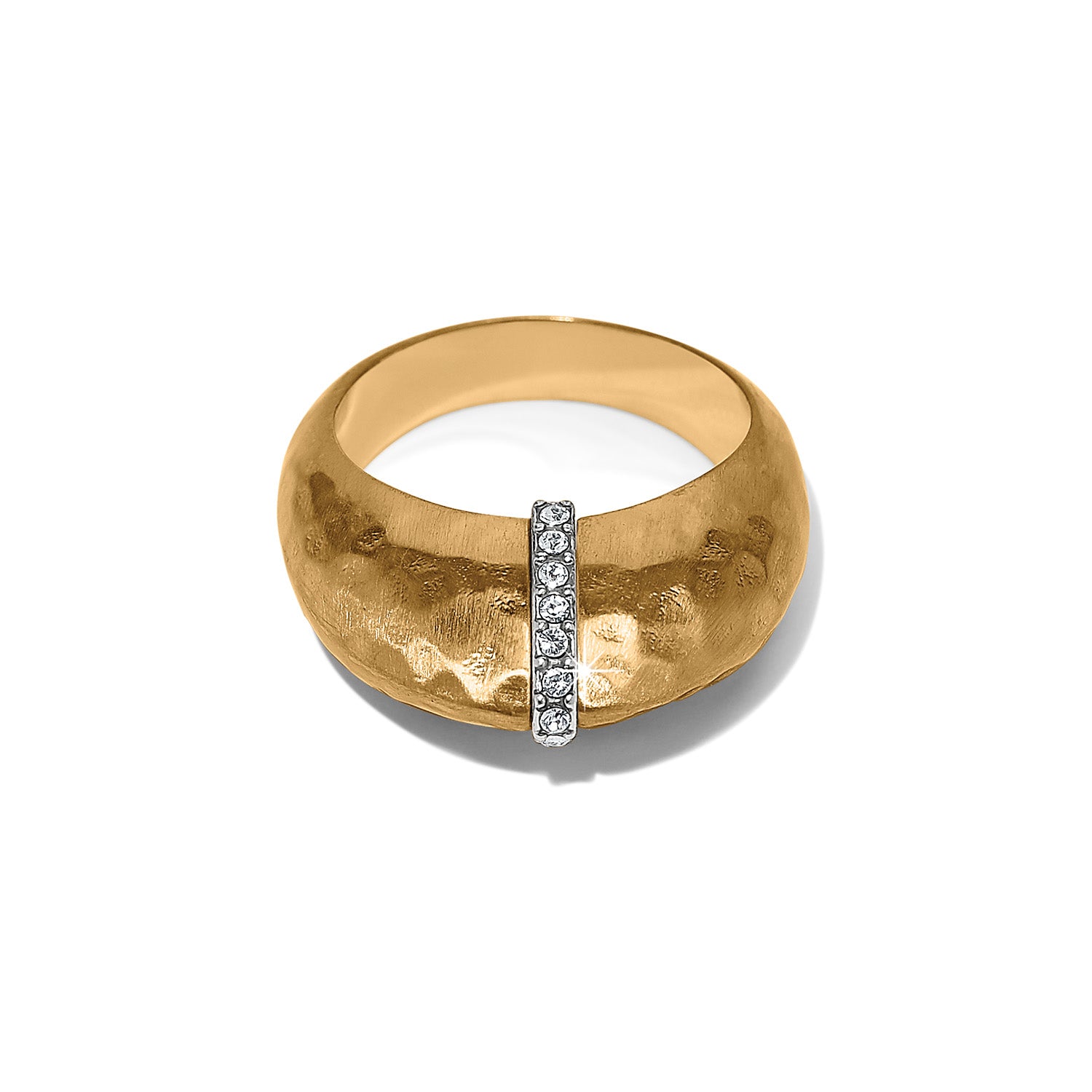 Gold plated Meridian Geo Domed Ring with a hammered texture and a vertical row of clear crystals.
