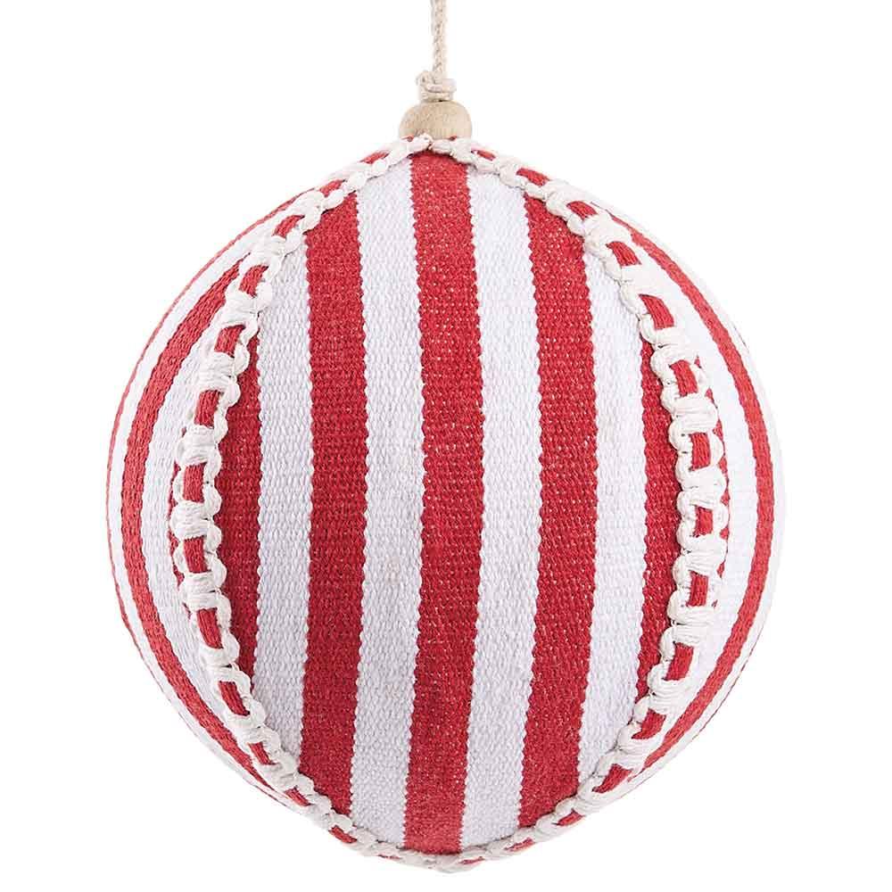 5-inch red and white vertical stripe ball ornament with white crochet trim and hanging loop.