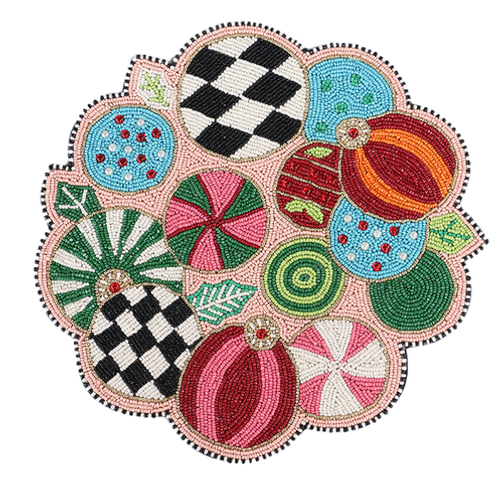 Round beaded placemat featuring colorful Christmas ornament designs in red, green, and blue.
