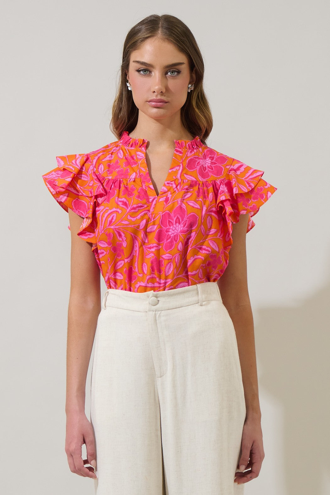 Rea Floral Emery split neck top in cotton with floral pattern
