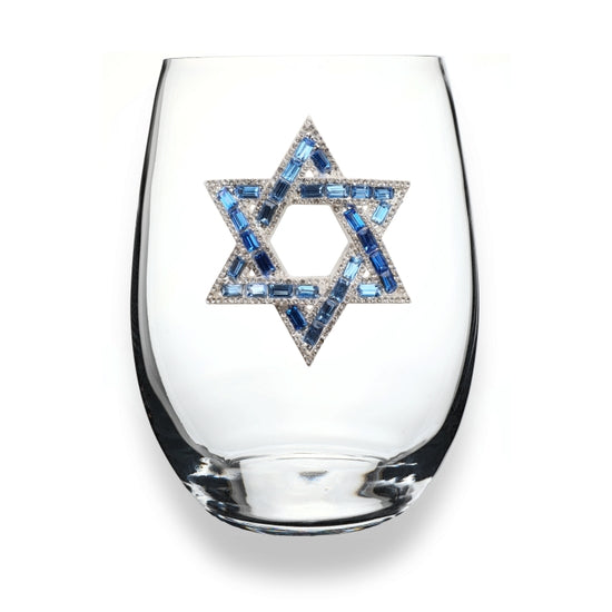 Handcrafted stemless wine glass with jeweled embellishments around the rim in clear crystal.
