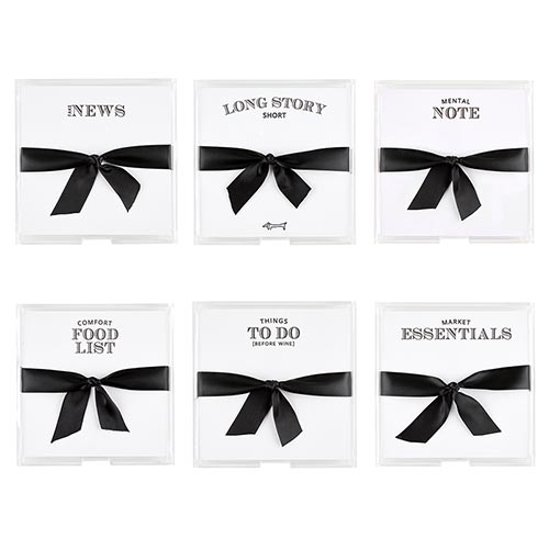 Square notepaper in clear acrylic tray with six-inch square heavyweight loose leaf paper.