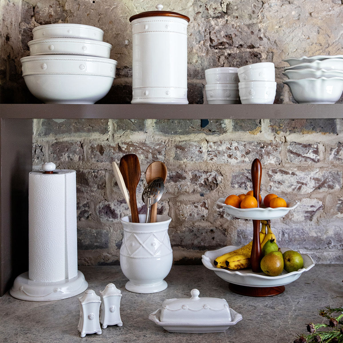 Ceramic paper towel holder in whitewash finish with square silhouette