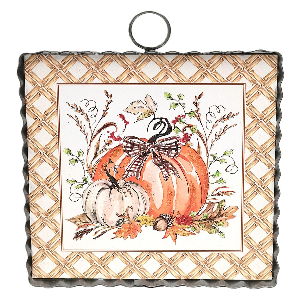 Mini Art Festive Pumpkin wall decor featuring two pumpkins, a bow, and fall foliage in a metal frame