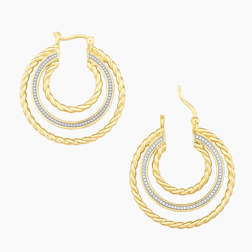 Let's Unite triple hoop earrings in yellow gold with twisted texture and diamond accents.