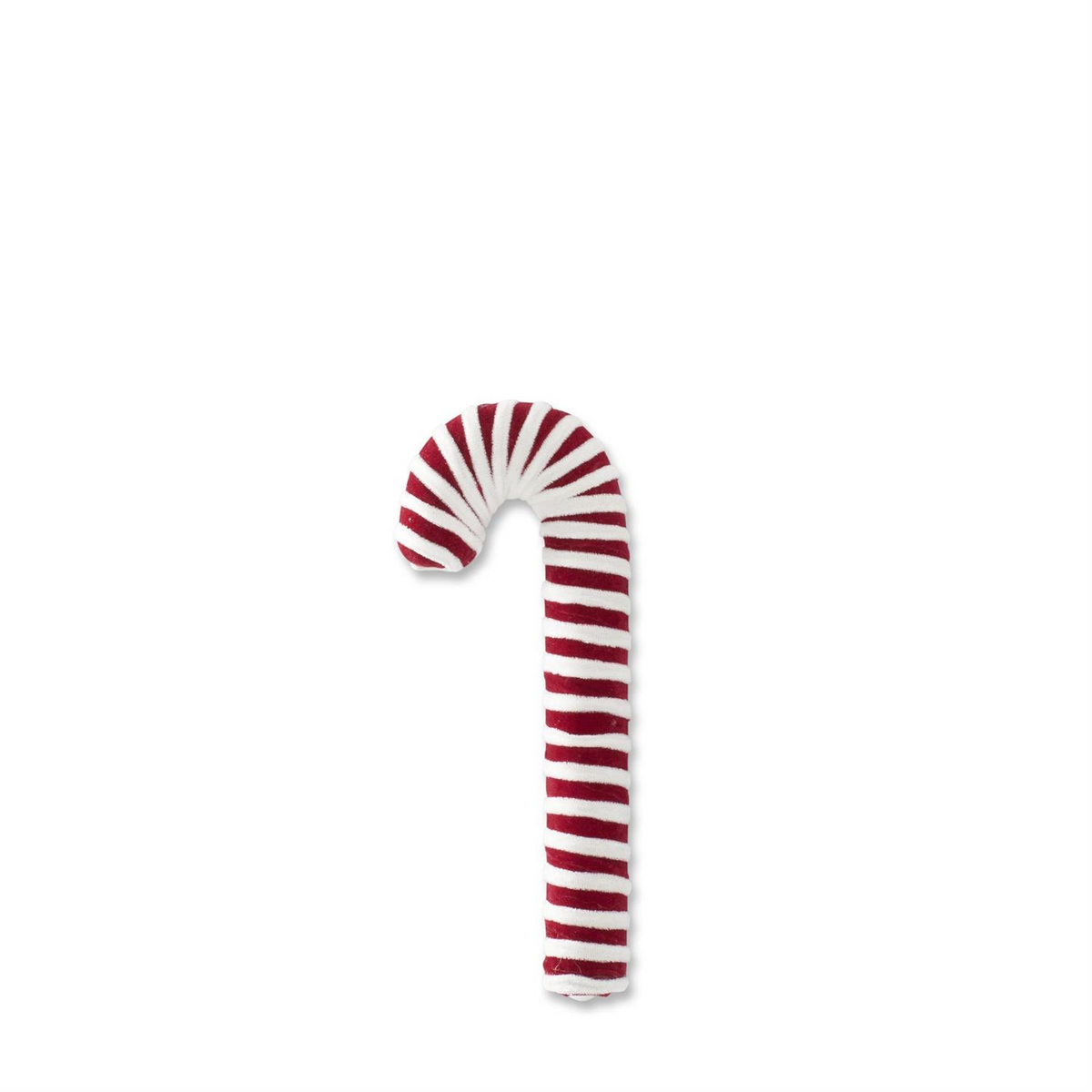 14.5 inch red and white velvet striped candy cane ornament with a plush, soft-touch texture.