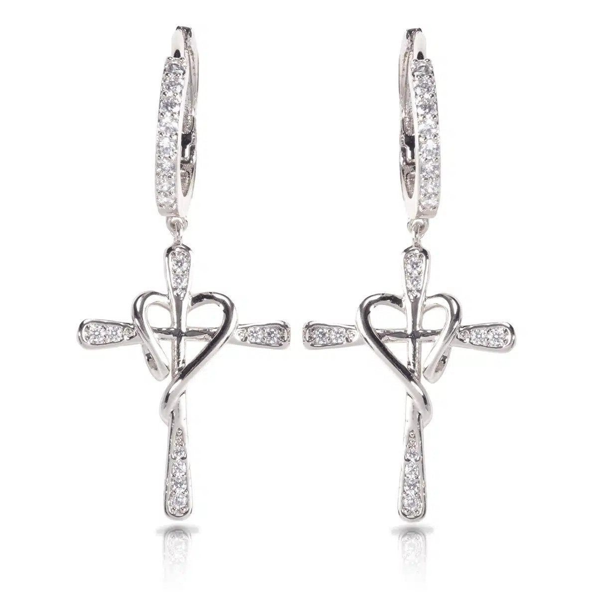 Silver pave cross heart earrings with pave-set lever back closures.
