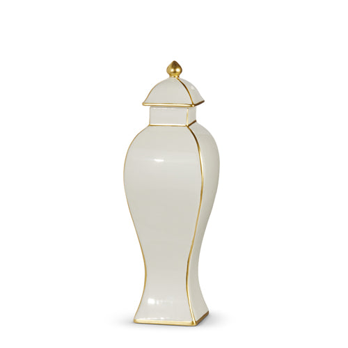 Tall ceramic ginger jar with gold accents on a neutral background
