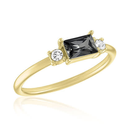 Emerald cut black diamond gold layers ring with two small round side diamonds.