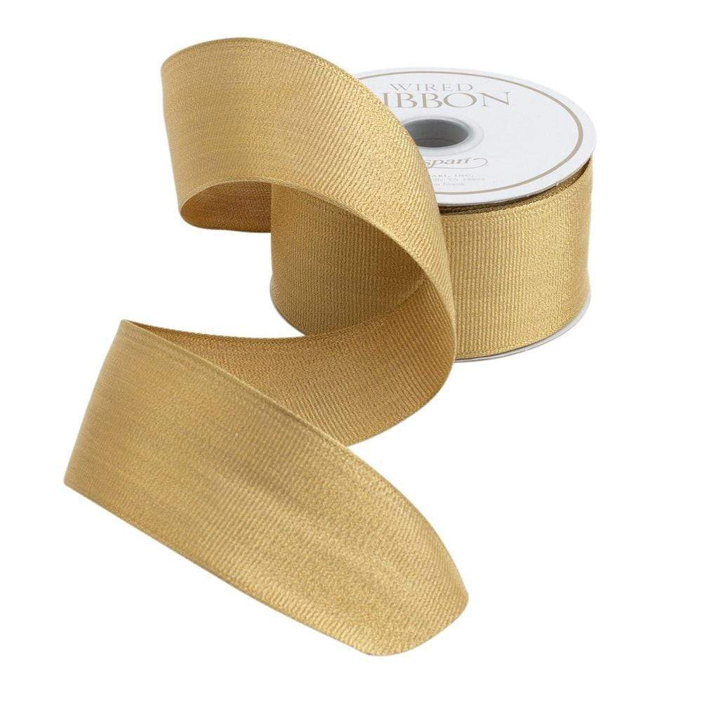 Gold metallic unwired grosgrain ribbon spool with a smooth texture.