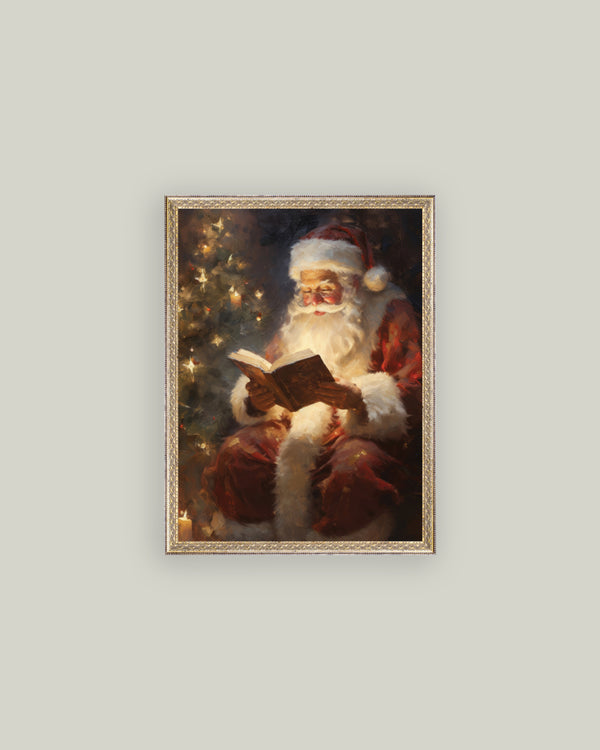 Framed antique art print featuring a classic Santa Claus on textured canvas.