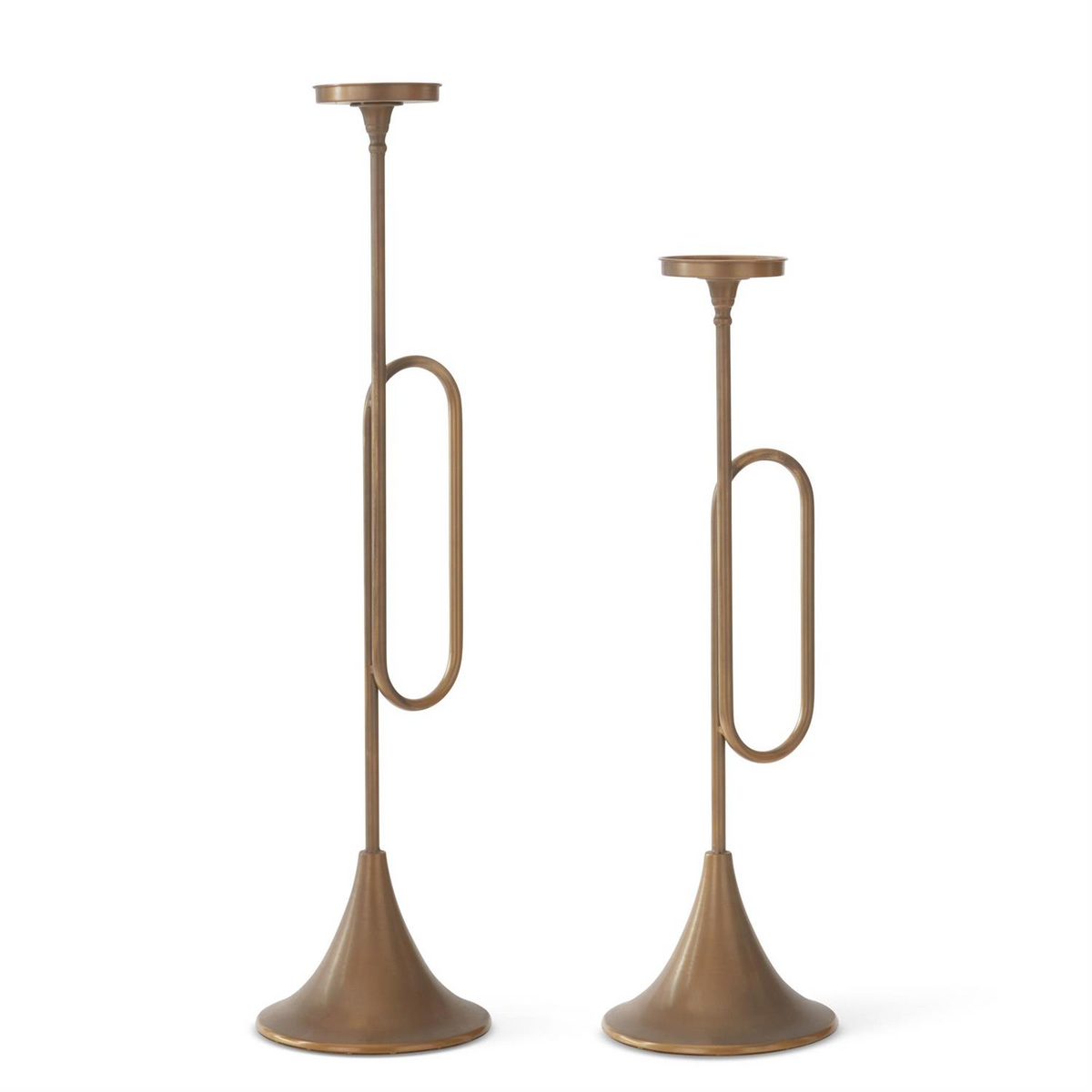 Two gold trumpet-shaped pillar candleholders in varying heights with a brass-style finish.