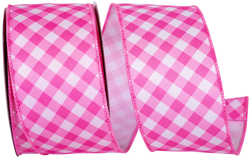 Diagonal twill wired edge ribbon in gingham check pattern with polyester material.