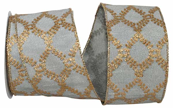 Filigree Crest Wired Edge Ribbon, 2.5 inches by 10 yards, silver with gold glitter pattern.